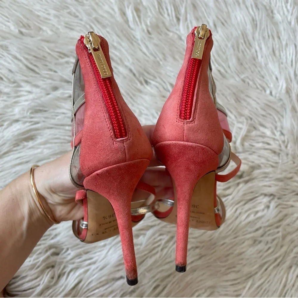Jimmy Choo Red Multicolor Suede PVC Perspex Mai Tai Heeled Open Toe Sandals 36.5